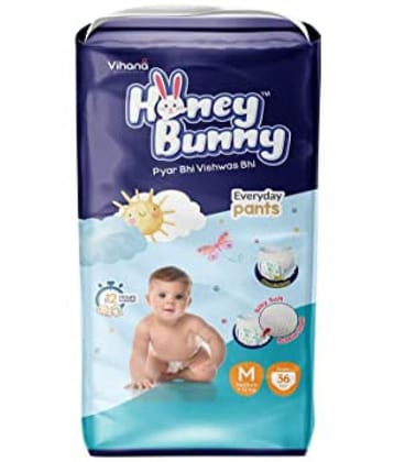 Honey Bunny Pants Diapers M - 36 pcs with Wetness Indicator, Silky Soft - Bubble sheet (7-12 kgs)