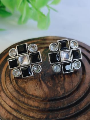 Oxidized Silver Stone Stud Earrings for Office Wear Elegance | Sarichka-Black+White