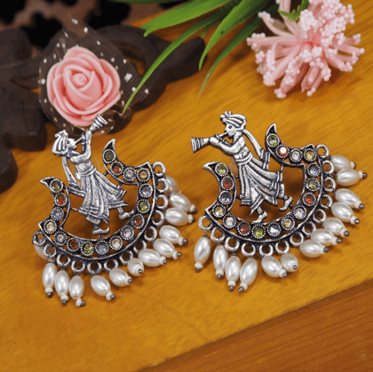Silver Plated Multi Coloured Clarinetist Pearl Drop Earring- AER 3561