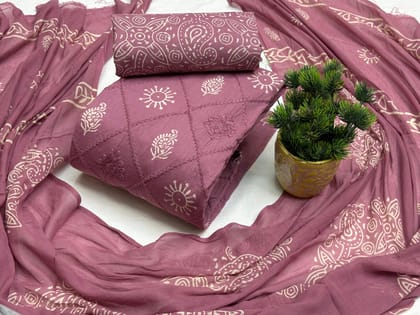 Cotton Chain Stitch With Block Print work Dress Material (Unstitched)-Onion