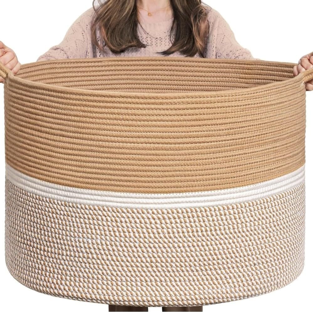 Generic Cotton Dori 16x14 Inch Storage Basket For Clothes With Out Lid (Beige-Beige-White)-PID66387
