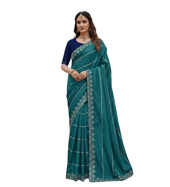 Generic Women's Georgette Embroidered Saree with Unstitched Blouse Piece, Soft Lightweight 5.5 m Sari for (Teal, Design 67604)