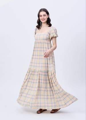 Breeze (pastel check puff sleeve maxi dress)-Beige / XS