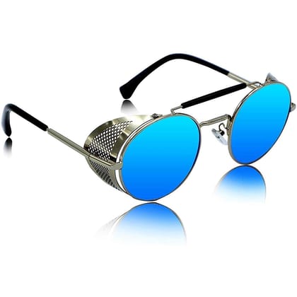 Dervin Retro Side Shield Round Unisex Sunglasses (Blue and Silver)