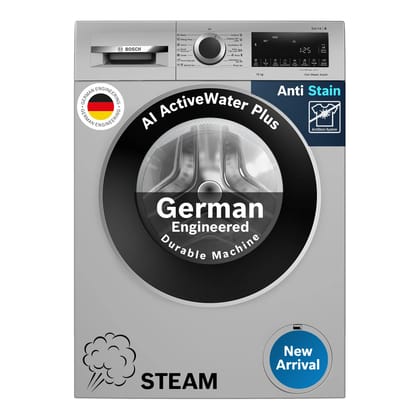Bosch 10 kg 5 Star Front Load Fully-Automatic Washing Machine, Iron Steam Assist, AI ActiveWater Plus, Pretreatment, Anti Stain, In-Built Heater, Allergy Plus, Silver, WGA252ZSIN Bosch 10 kg 5 Star Front Load Fully-Automatic Washing Machine, Iron Steam A