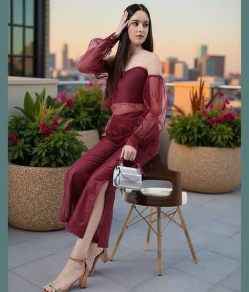 Zima Leto Women Solid Top With Trousers Co-Ord Set ( Maroon )