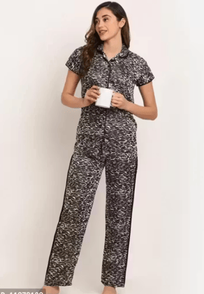 Stylish tiger print satin night suit(Grey)