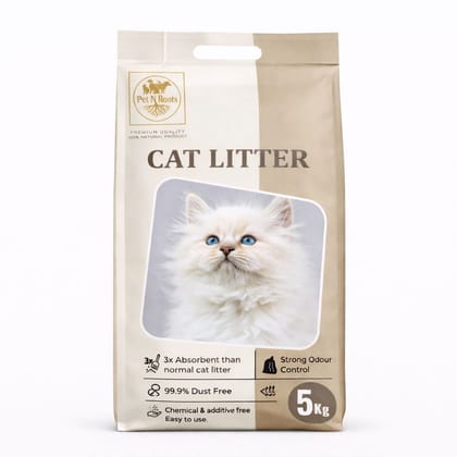 Pet N Roots Cat Litter - White Litter | 3× Absorbent | 99.9% Dust Free | Strong Odour Control | Chemical & Additive Free | Includes FREE Flea & Tick Defence Powder (100g) + Biodegradable Poo Bags | 5 kg