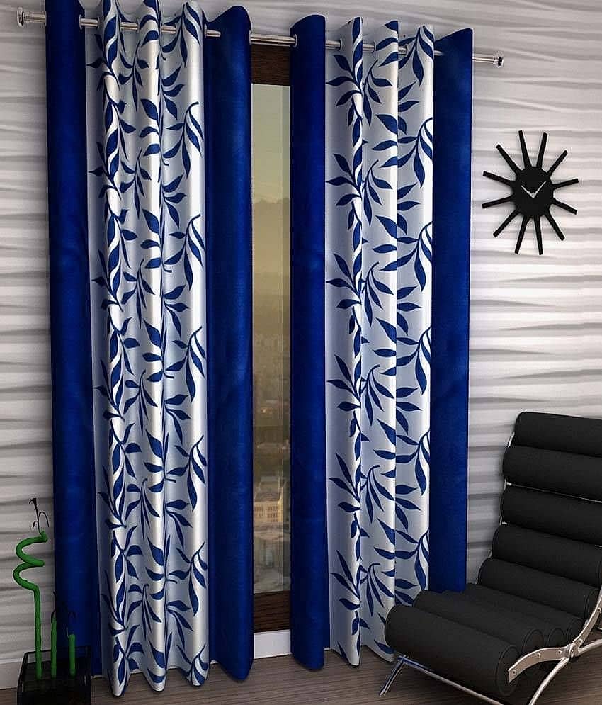 Panipat Textile Hub Floral Semi-Transparent Eyelet Window Curtain 7 ft Pack of 2 -Blue