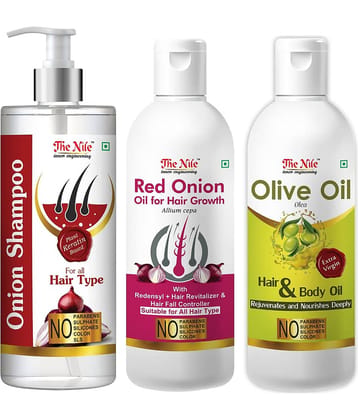 The Nile Red Onion Shampoo 200 ML + Red Onion Oil 100 ML + Olive 100 ML  Shampoo 400 mL Pack of 3