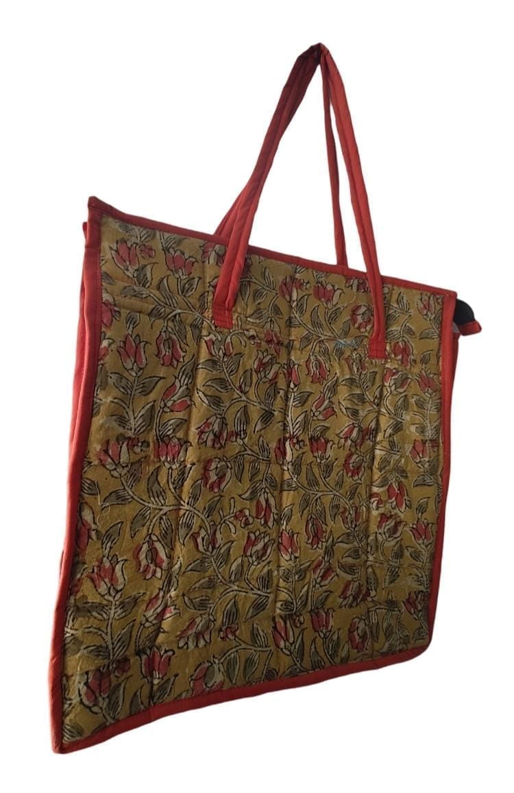 kalankari Handcrafted Floral Print Cotton Tote Bag with Red Trim