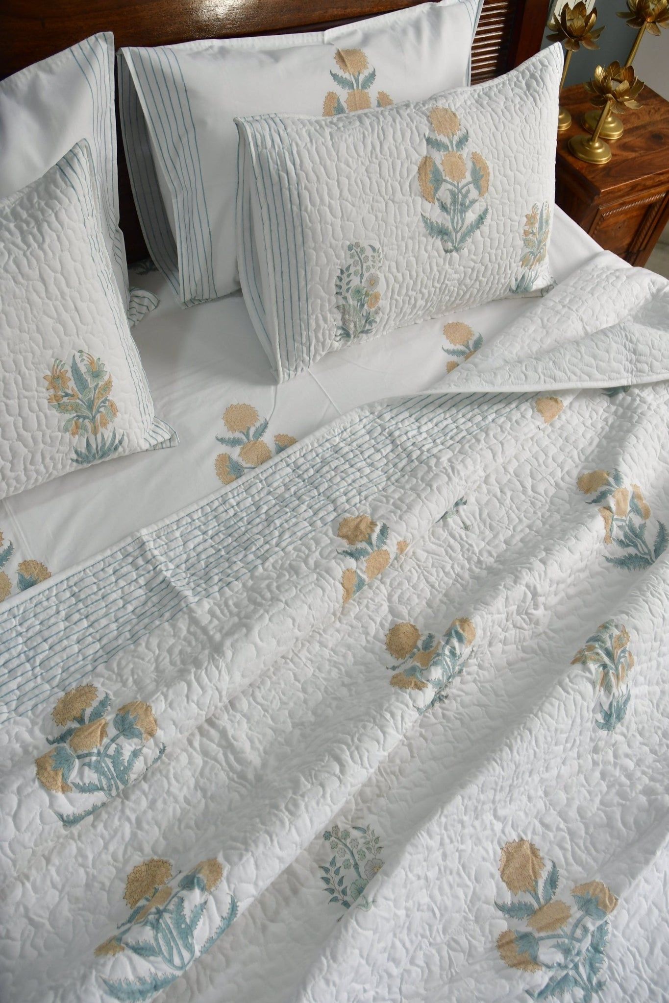 Yellow Poppy Handblock Cotton Bedding set (King (90*108 inches) bedsheet + King (90x108 inches) quilted bedcover)