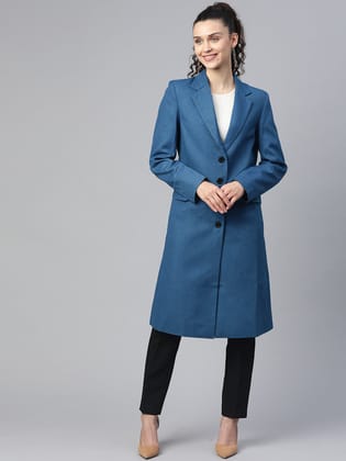 Solid Tweed Over Coat - Teal Blue-L