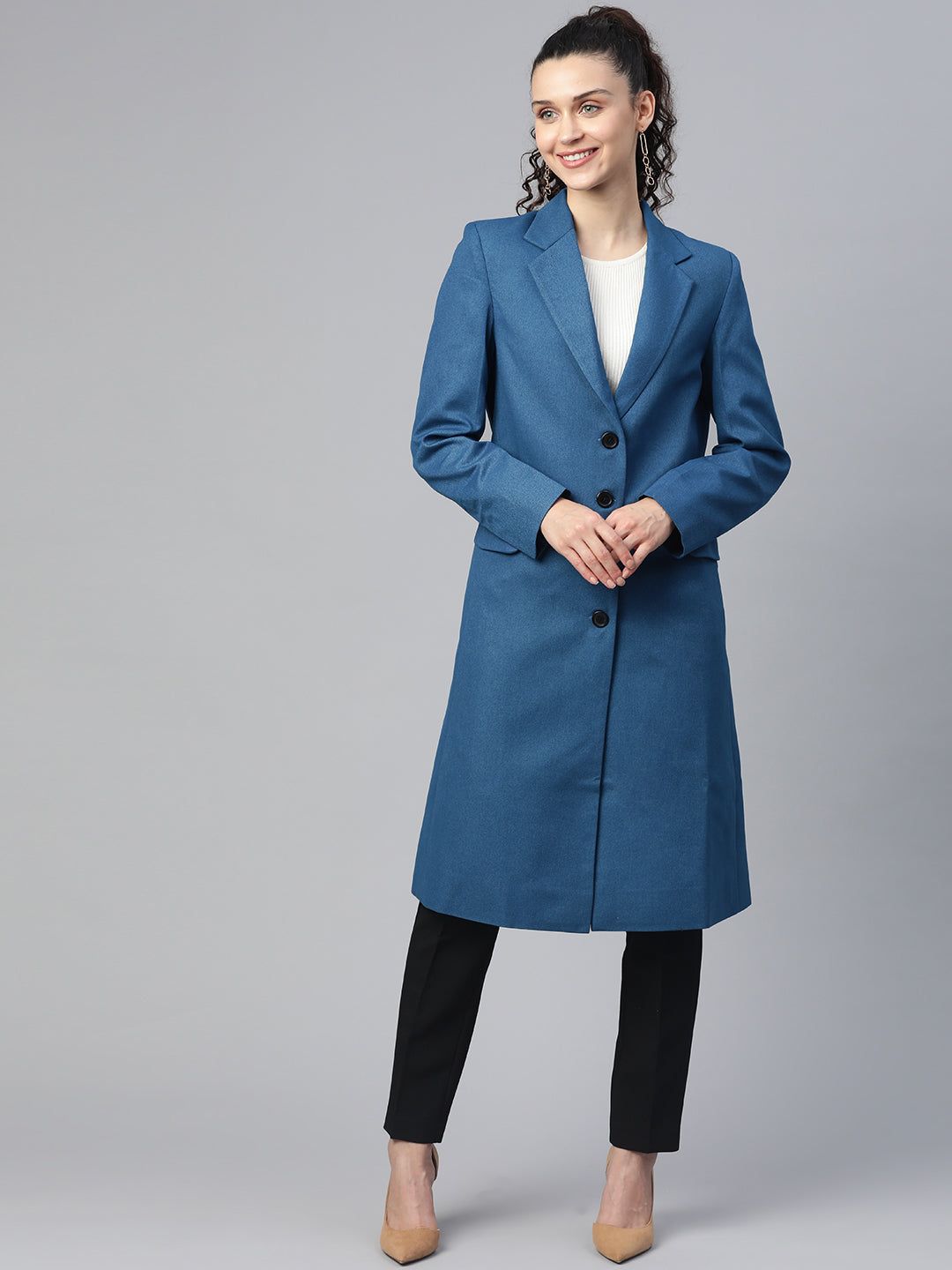 Solid Tweed Over Coat - Teal Blue-L