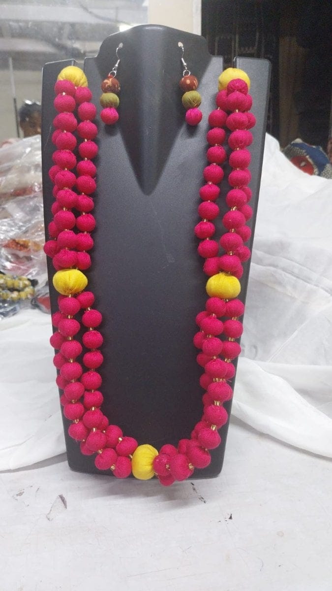 Handmade Fabric Bead Necklace and Earrings Set (Pink and Yellow) | Vibrant Ethnic Style | Festive Wear