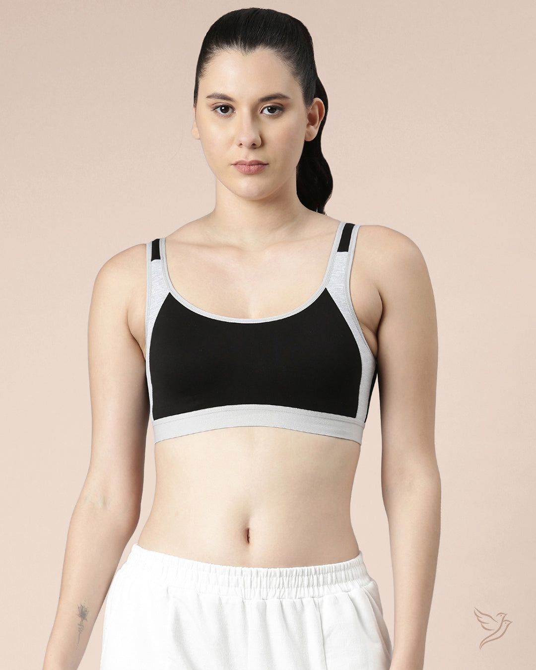 Contrast Outer Elastic Sports Bra - Black/Light Grey-S / Black/Light Grey