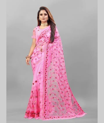 Aika Net Embroidered Saree With Unstitched Blouse Piece ( Red )