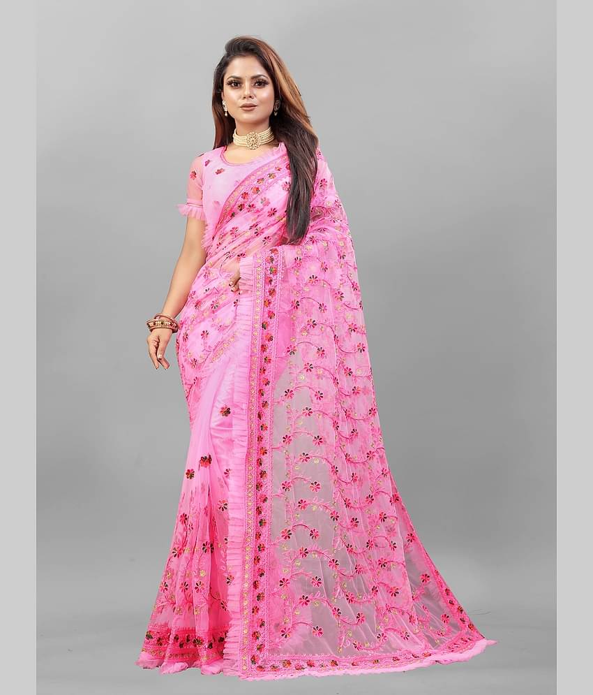 Aika Net Embroidered Saree With Unstitched Blouse Piece ( Red )