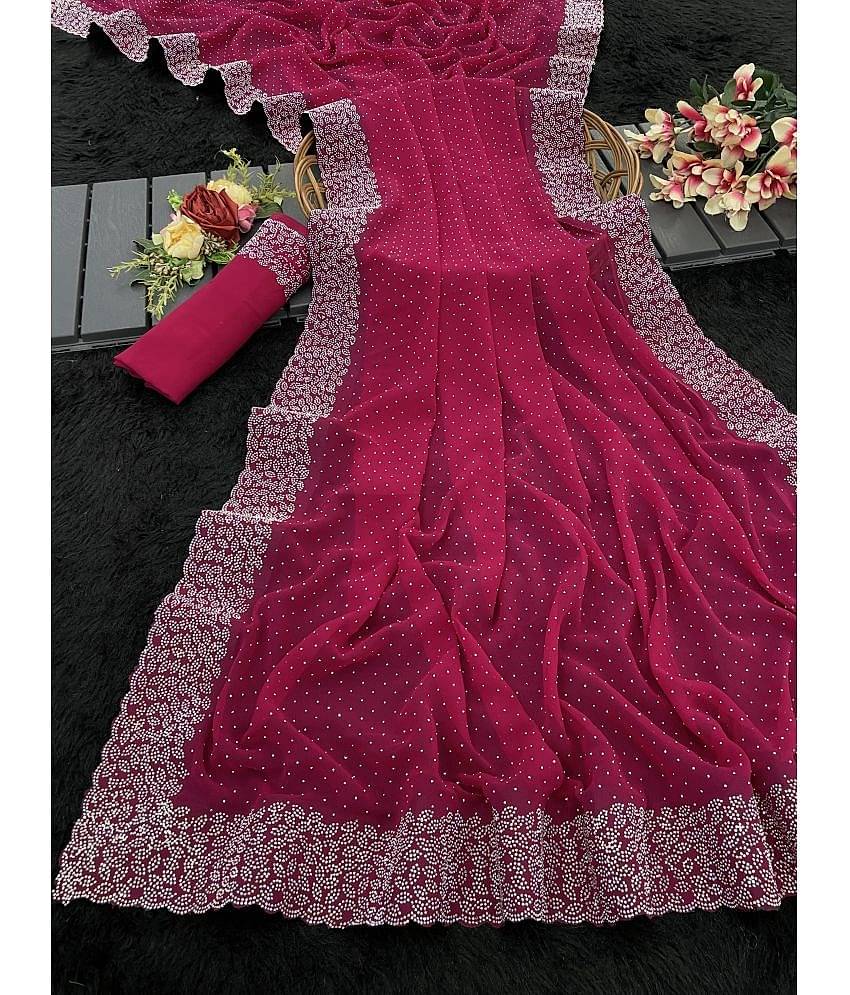 Gullak Georgette Embellished Saree With Unstitched Blouse Piece ( Red )