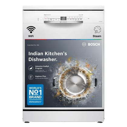 Bosch 14 Place Setting Free Standing Dishwasher for Indian Utensils, WiFi Enabled, Intensive Kadhai Program, Inbuilt Heater, Fits Up to 80 Utensils, White (SMS6IKW01I) Bosch 14 Place Setting Free Standing Dishwasher for Indian Utensils, WiFi Enabled, Int