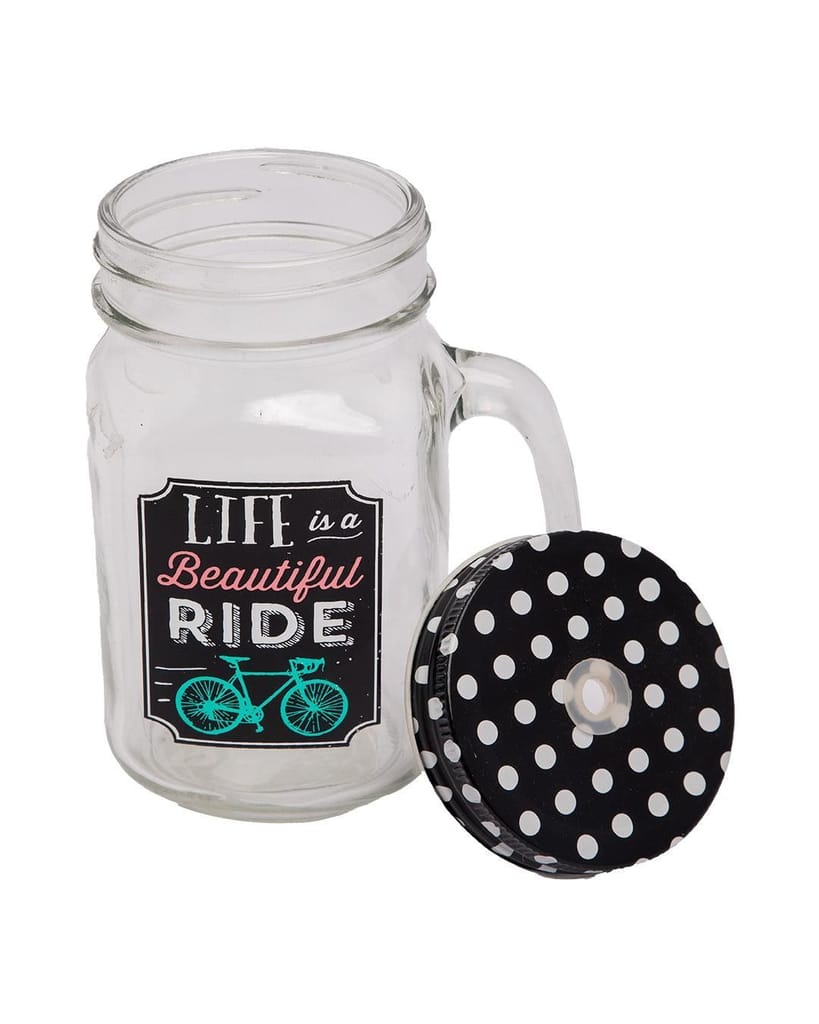 Mason Jar, with Straw & Lid, Black, Glass, 450 mL