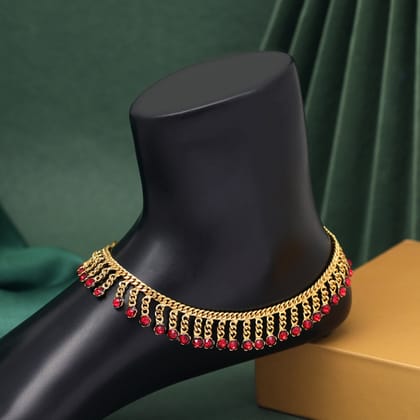 Red Color Rhinestone Anklets (ANK949RED)-Length: 26.00 CM x Width: 1.00 CM / Red / Alloy With Good Quality Gold Plated