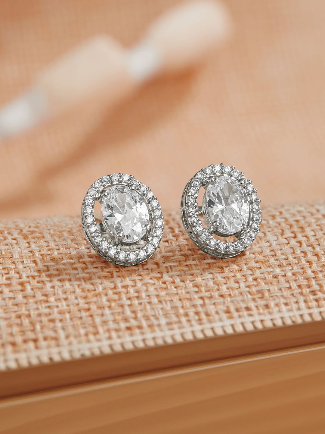 925 Sterling Silver AD Studded Rhodium Plated Oval Studds Earrings