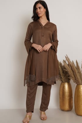Brown Ruffle Plain Kurta Set Of 2-S