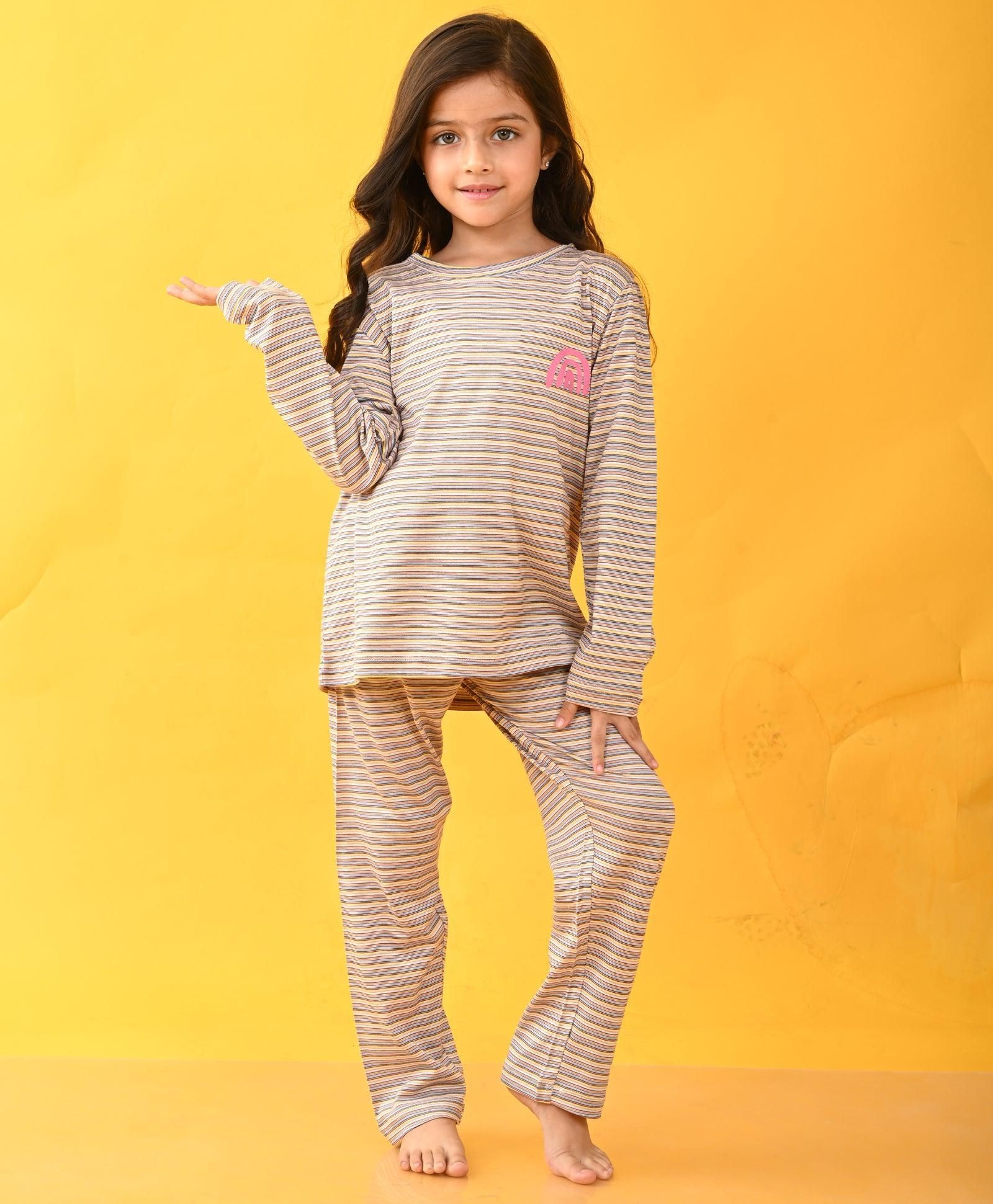 PRETTY STRIPED RAINBOW LONG SLEEVES PYJAMA SET - PINK-0-6 MONTHS / 2N / PINK