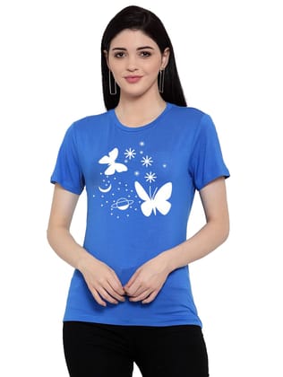 Women's Cotton Blend Butterfly With Star Printed T-Shirt L (Blue)