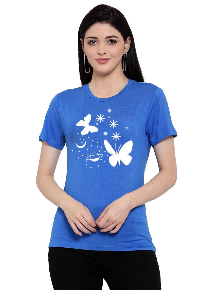 Women's Cotton Blend Butterfly With Star Printed T-Shirt L (Blue)