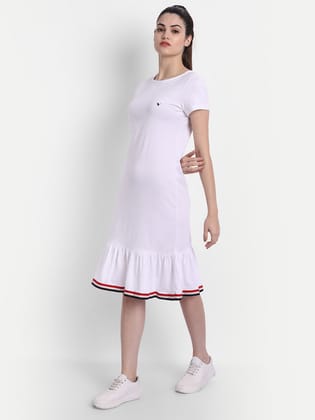 Womens Premium Cotton Half  Sleeve Flared  Dresses-S / White