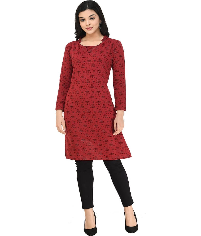 IndiWeaves Woollen Printed Straight Women's Kurti - Maroon ( Pack of 1 )