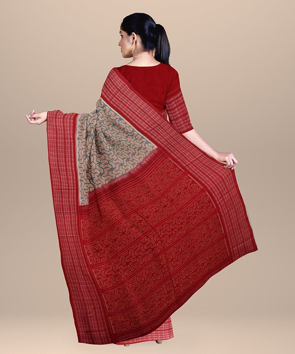 Grey Red cotton Handloom Sambalpuri Saree