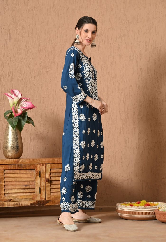 Hand Embroidered Chikankari Rayon Plazo Set - Teal