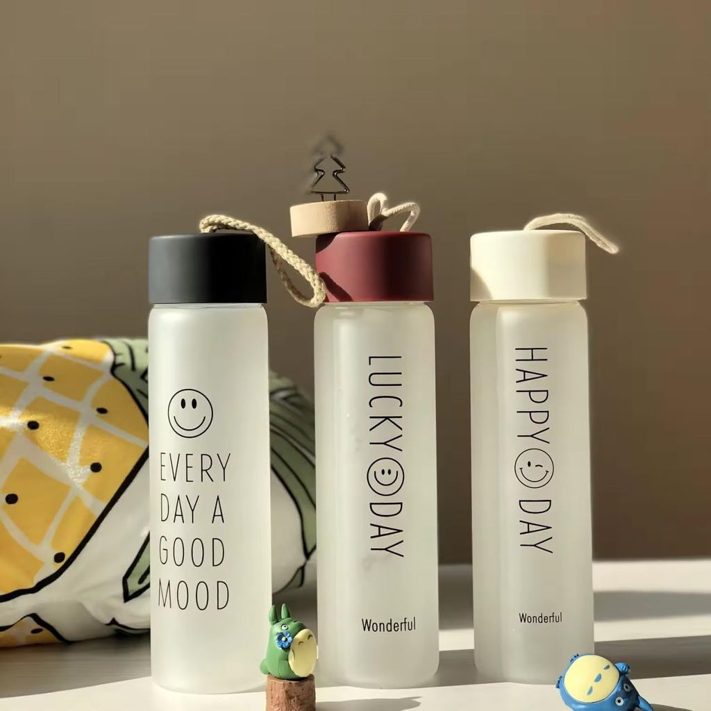 Glass Water Bottle With Plastic Cap 400 ML, Set of 1 Mini Glass Water Bottle, Leak Proof, Airtight Lid for Hot & Cold Water, Milk, Juice(COLOR & PRINT CHOICE NOT AVAILEBAL)