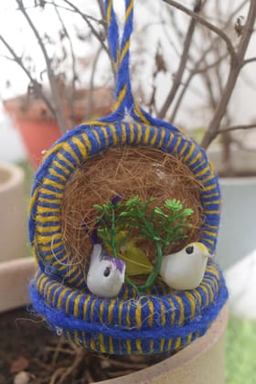 Handcrafted Bird Nest Decoration with White Doves for Home Decor, Blue and Yellow Woven Basket, Natural Coconut Shell, Artificial Greenery