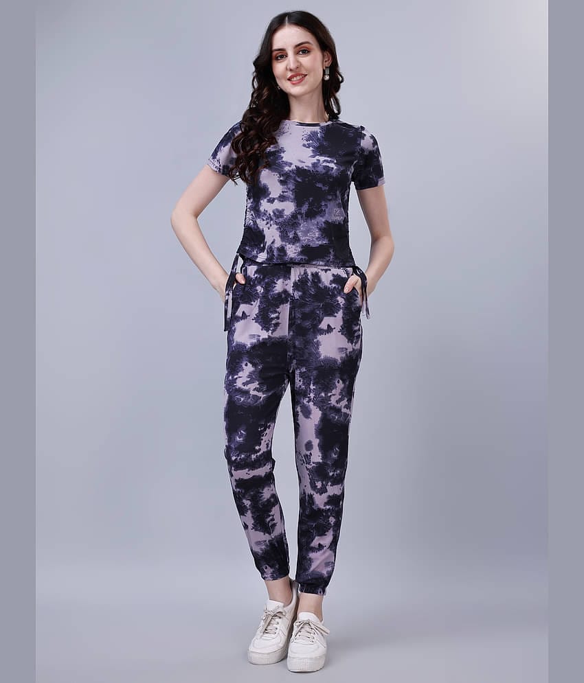 Leewan Women Dyed T-Shirt With Joggers Co-Ord Set ( Purple )