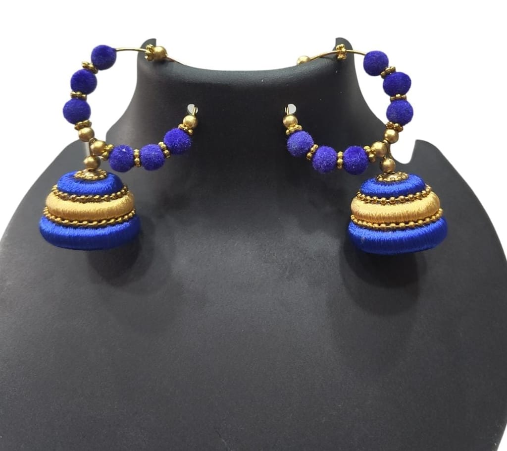 Blue Silk Thread Jhumka Earrings with Golden Beads