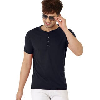 Leotude Men Black Solid Cotton Blend Casual T-Shirt