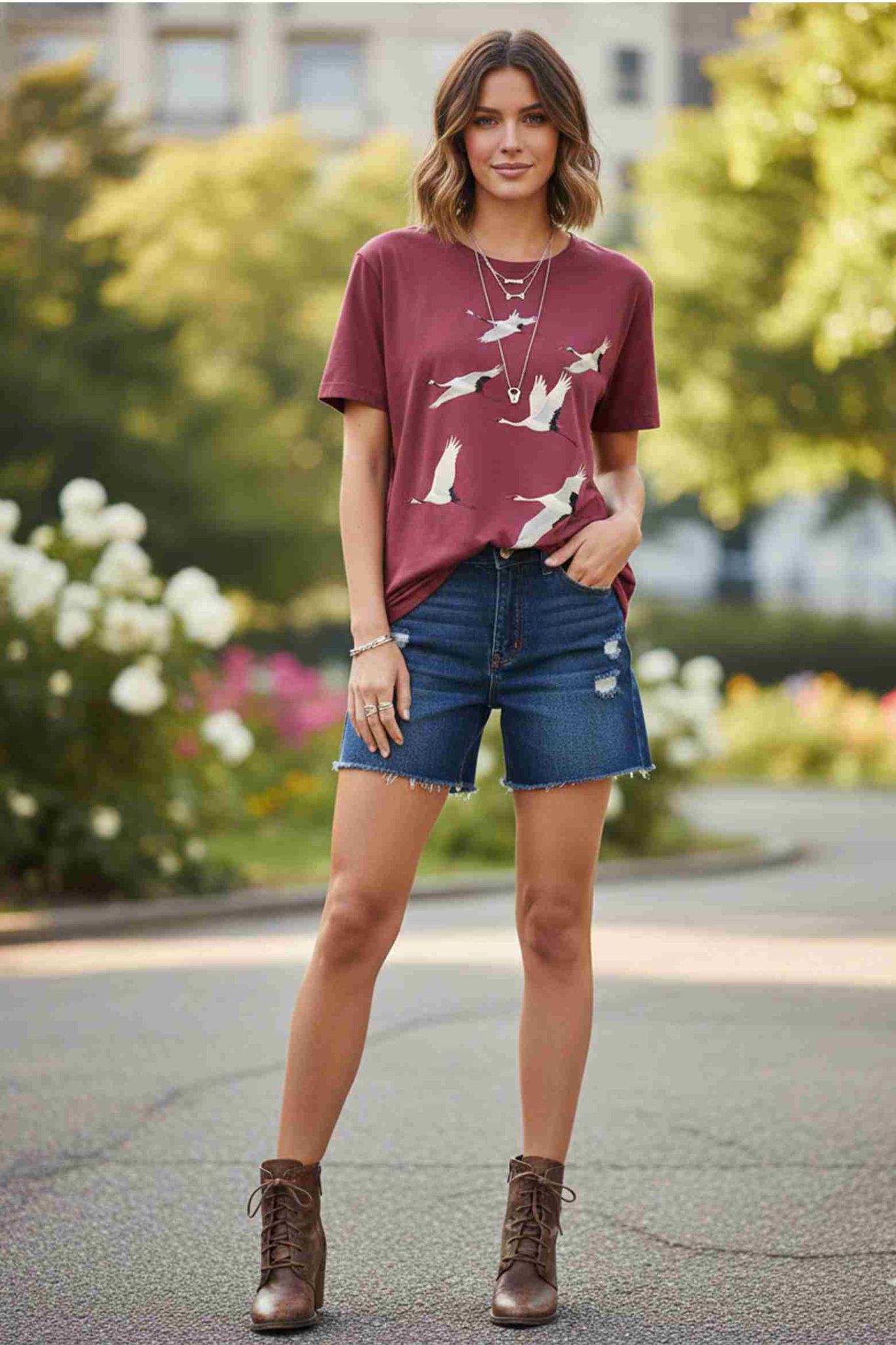 Women Flying Cranes Graphic Print Tee - S (Dusky Pink)