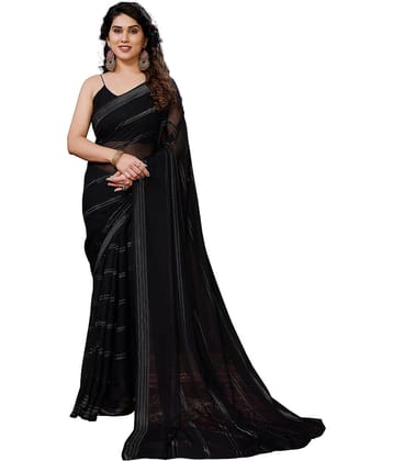 ANAND SAREES Satin Embellished Kasavu Saree With Unstitched Blouse Piece ( Black )