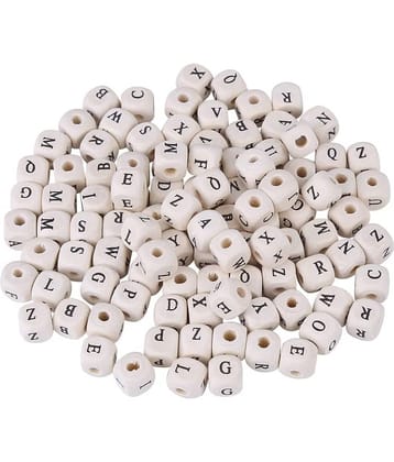 PRANSUNITA 10 mm Wooden Alphabet Letter Square Shape Loose Beads for DIY Bracelets, Necklaces, Educational Toys – Natural White Color – Pack of 100 pcs