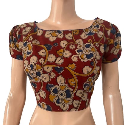 Kalamkari  Cotton  Boat neck  Blouse with Puff Sleeves, Backopen,  Multicolor,  BK1160-S