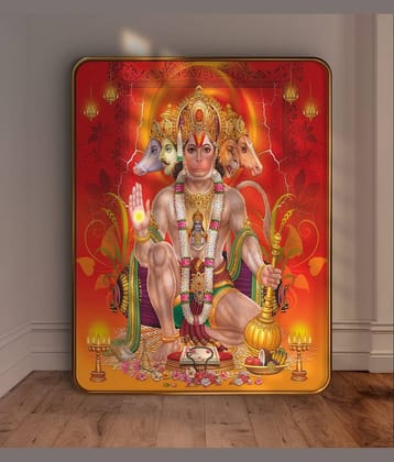SAF Panchmukhi Hanuman Ji Wall Painting with Golden Frame | Sparkle Laminated Religious Wall Art for Pooja Room & Home Decor | MDF Board Divine Blessings Artwork