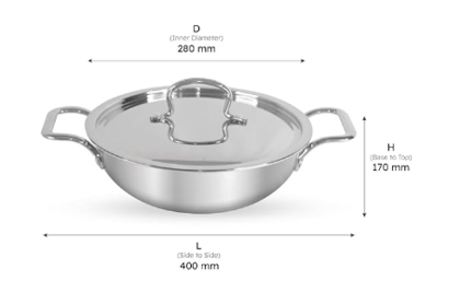 WEKTU Triply Kadhai, Stainless Steel, 4.5 L, Silver, Medium, Uncoated, 28 cm Diameter, with Lid