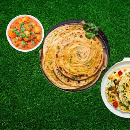 Laccha Paratha + Aloo Dum + Egg Omelette