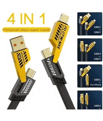 Super-Fast Charging Cable | 65W 480 Mbps 4-in-1 USB A/Type C to Lightning/Type C | 1.0m Tangle-Free Braided Cable | Multiport for iPhones, iPads, Android Devices, Tablets, and MacBooks