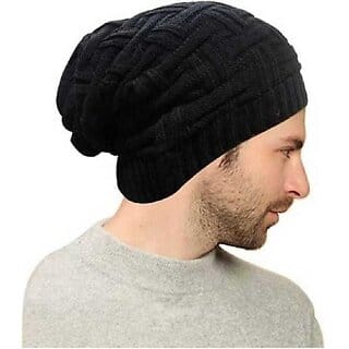 Fashlook Black Woolen Cap | Unisex Casual Winter Beanie for Warmth & Style
