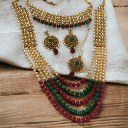 Traditional Long Moti Mala Bridal Set Combo-Red-Green-White / Gold Plated / Free Size